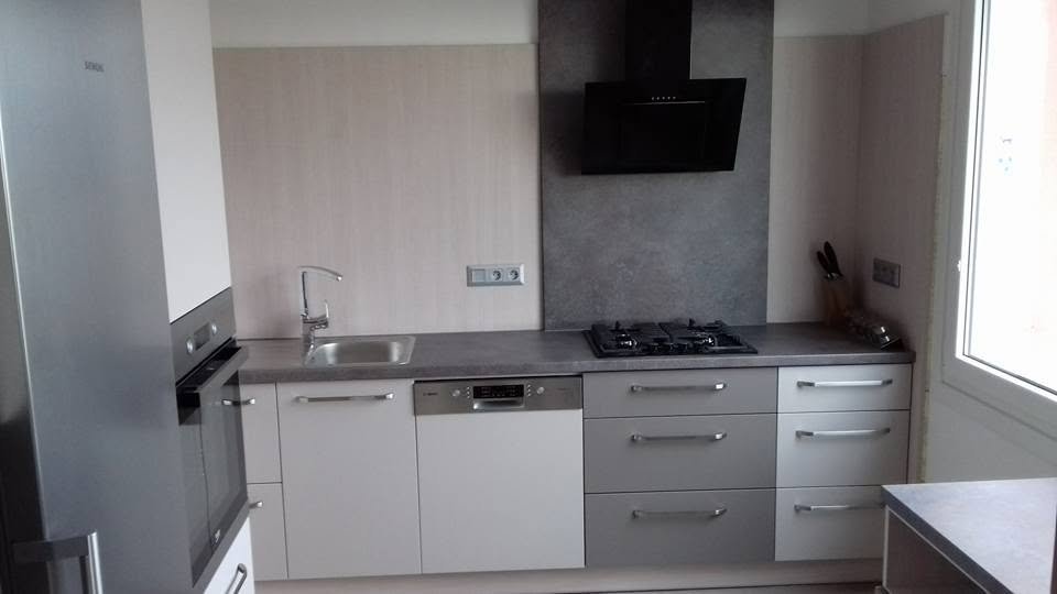 Šedo-bílá kuchyň s vestavěnou lednicí a plynovou varnou deskou